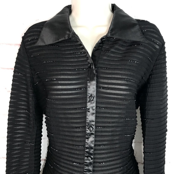 JS COLLECTIONS Evening Black Semi Sheer Satin French Cuff Beaded Blouse Size 10 - Picture 6 of 15